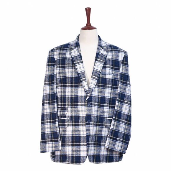 Mens Blazer Tartan Plaid Wool Blue White Formal Jacket Wedding Sport Coat 48R